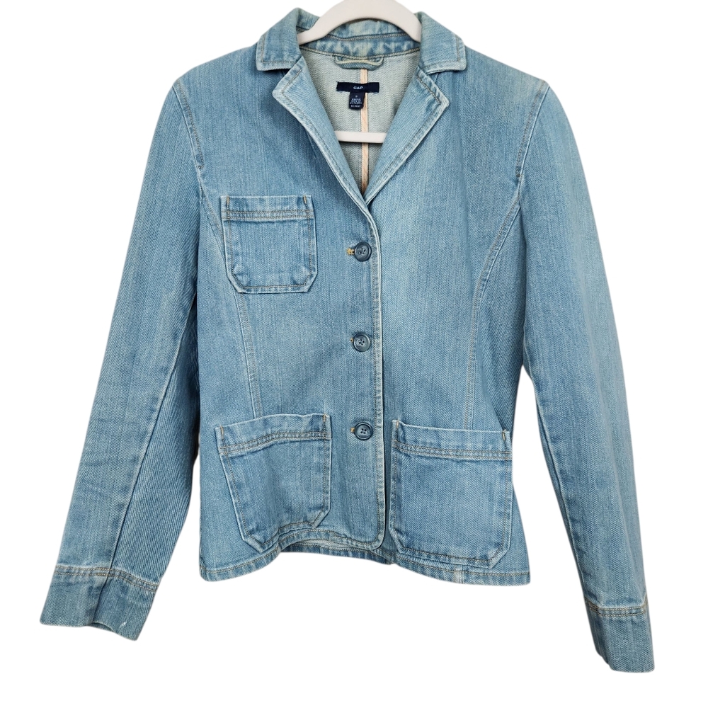 Gap Denim Blue Jean Blazer Jacket Three Button Long Sleeve Womens Size S
